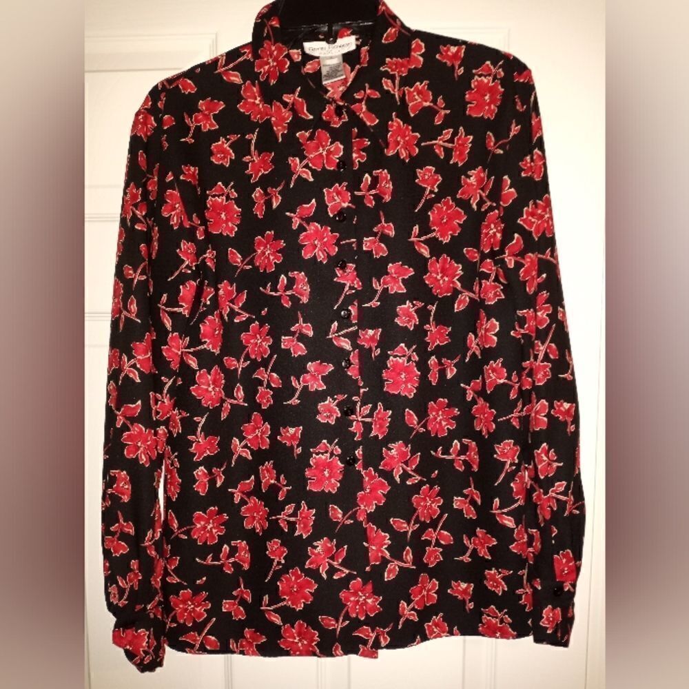 RENA ROWAN forSaville 4 BlackRed Lngslvs Floral Print ButtonUp Women's Top Shirt